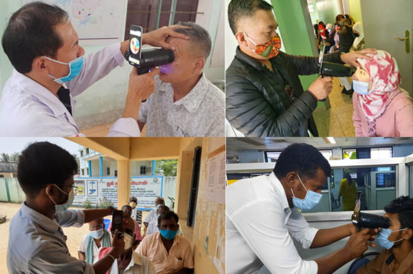 Cuatro imágenes de utilización de EyeLike en Vietnam, Marruecos, India y Papúa Nueva Guinea