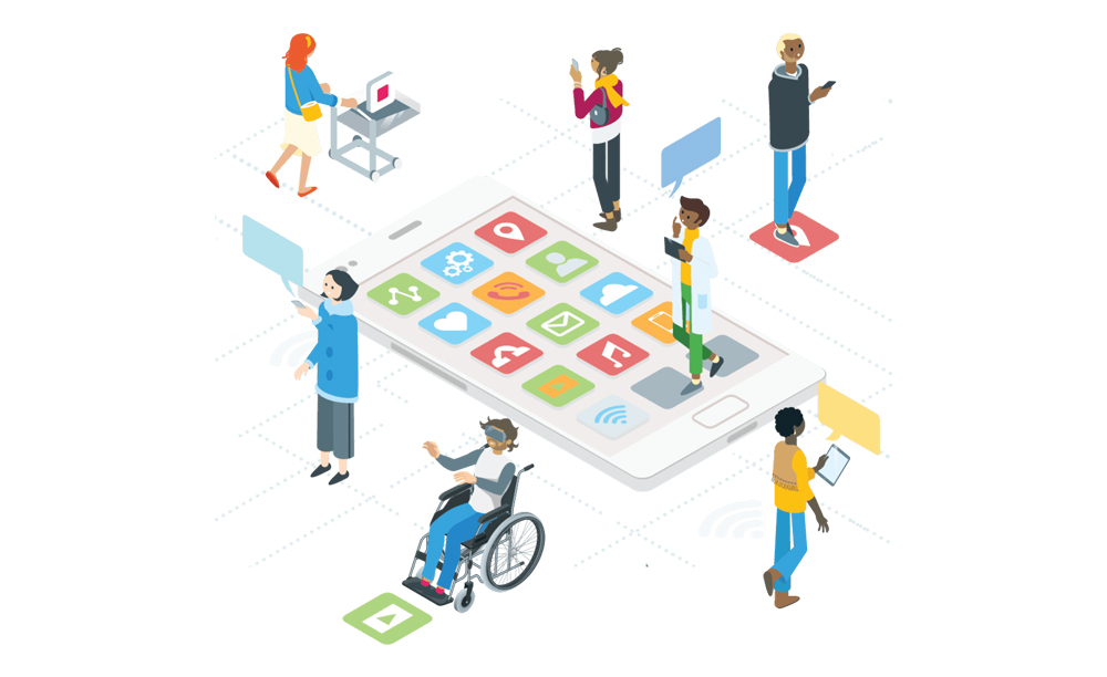 Imagen del curso de Google sobre accesibilidad de aplicaciones que muestra a varias personas utilizando distinta tecnología
