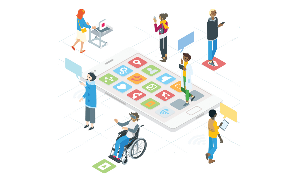 Imagen del curso de Google sobre accesibilidad de aplicaciones que muestra a varias personas utilizando distinta tecnolog&iacute;a