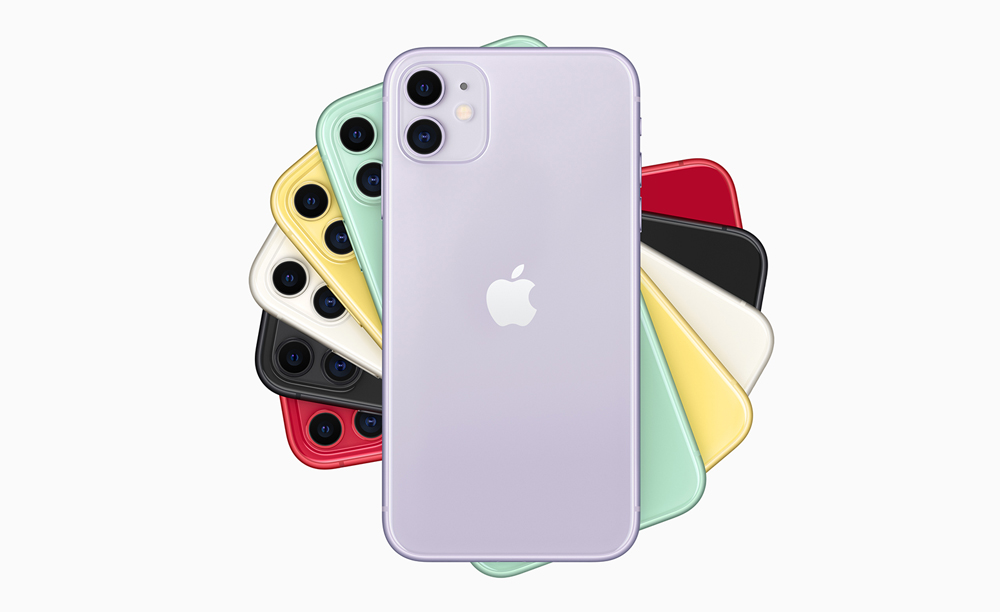 Imagen comercial mostrando la parte trasera de varios iPhone 11 en distintos colores