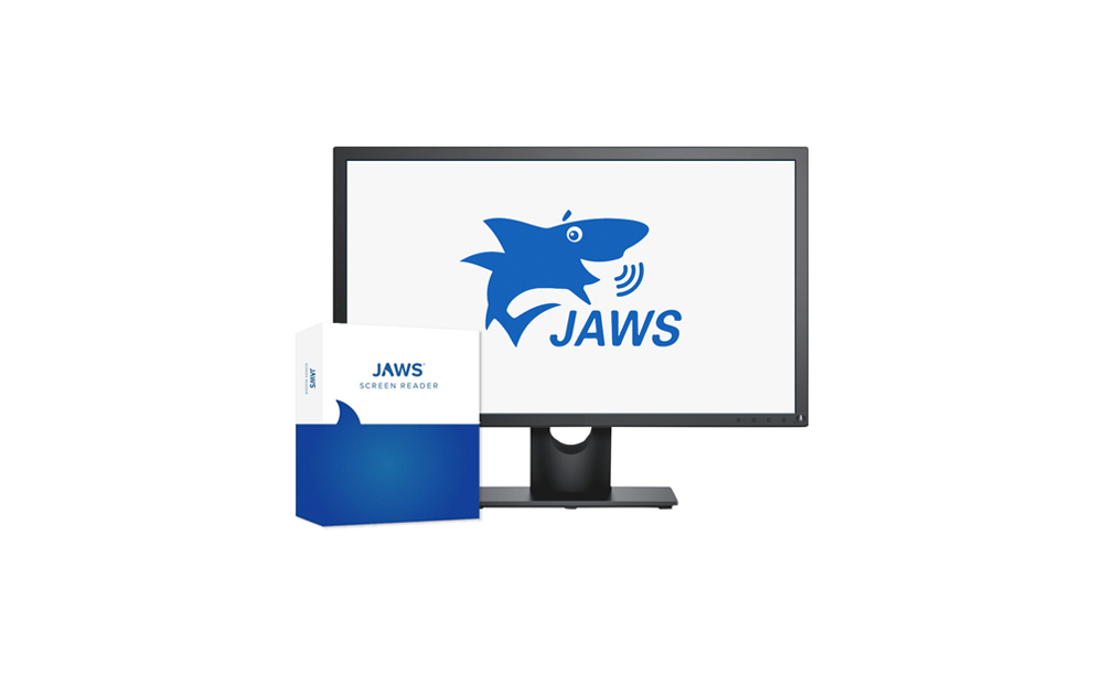 Imagen de un monitor de ordenador y una caja que contiene una versión de Jaws