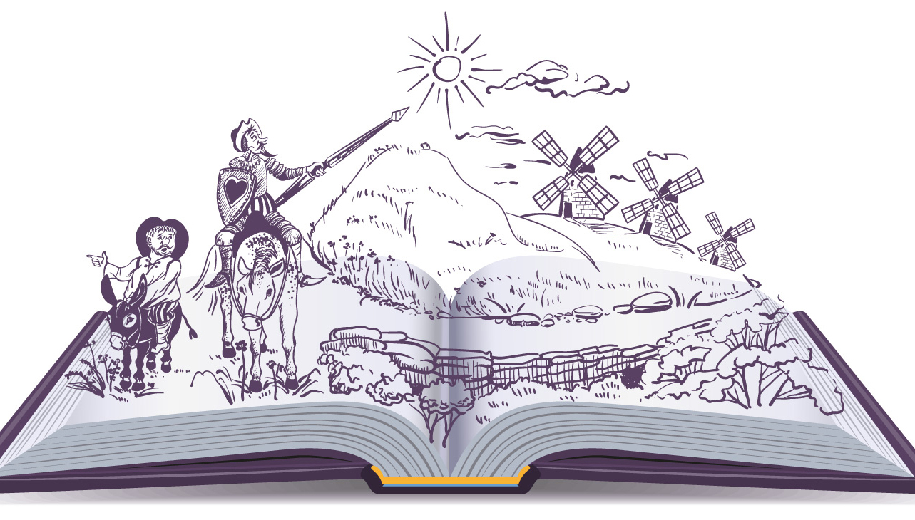 Ilustraci&oacute;n del Quijote sobre un libro abierto