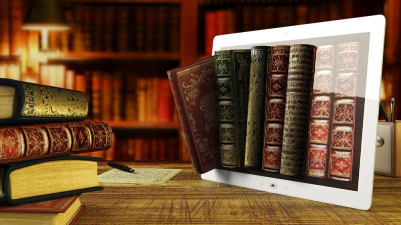 Imagen de varios libros saliendo de la pantalla de un dispositivo digital