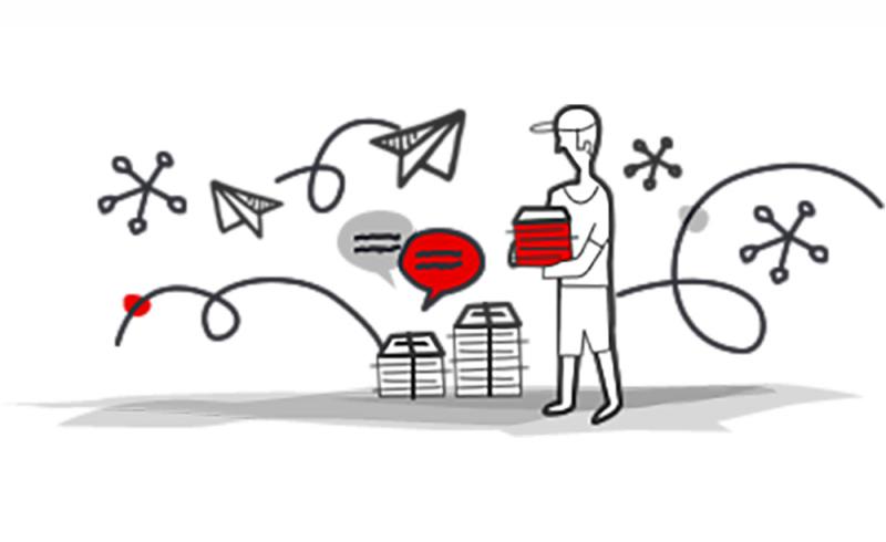 Ilustración de Fundación Vodafone en la que se ve a una persona cogiendo documentos con aviones de papel volando