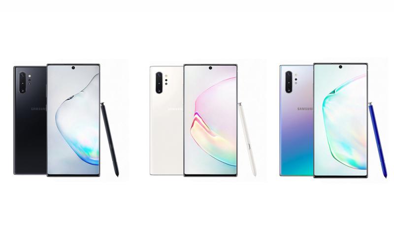Imagen comercial del nuevo Samsung Galaxy Note 10 en los tres colores en los que llegará primero al mercado