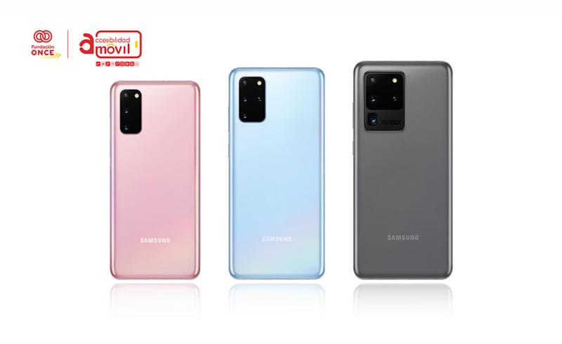 Imagen comercial de la familia de smartphones Samsung Galaxy S20 y el sello Amovil de Fundación ONCE