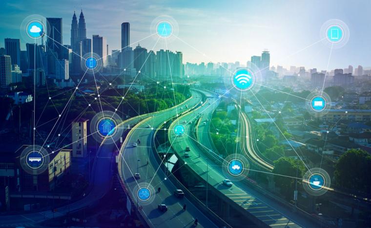 Imagen de una ciudad con infograf&iacute;a referida a una ciudad inteligente
