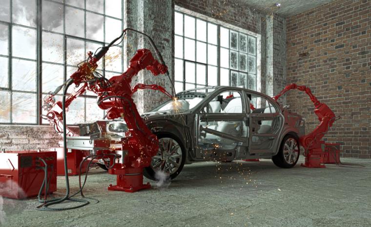 Imagen de un coche siendo fabricado por un robot