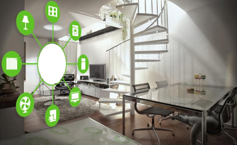 Fotograf&iacute;a de un hogar con una infograf&iacute;a que representa distintos dispositivos conectados