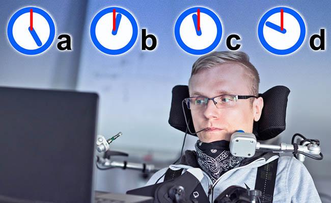 Imagen de una persona utilizando un interruptor para comunicarse con varios relojes del sistema Nomon sobreimpresionados