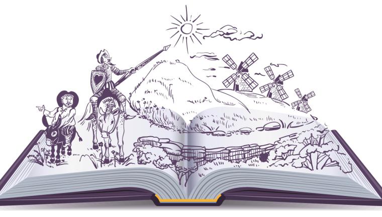Ilustraci&oacute;n del Quijote sobre un libro abierto