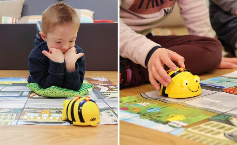 Dos im&aacute;genes de varios ni&ntilde;os jugando con el robot con forma de abeja Bee Bot