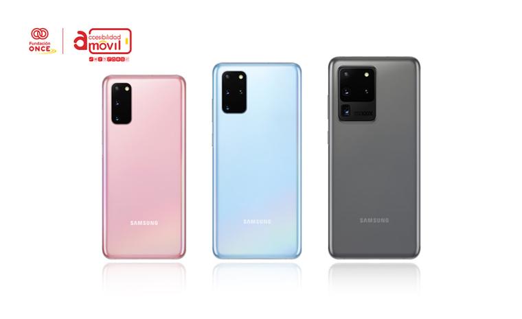 Imagen comercial de la familia de smartphones Samsung Galaxy S20 y el sello Amovil de Fundaci&oacute;n ONCE