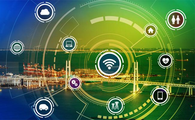 Fotograf&iacute;a del puerto de una ciudad con infograf&iacute;a sobre tecnolog&iacute;a